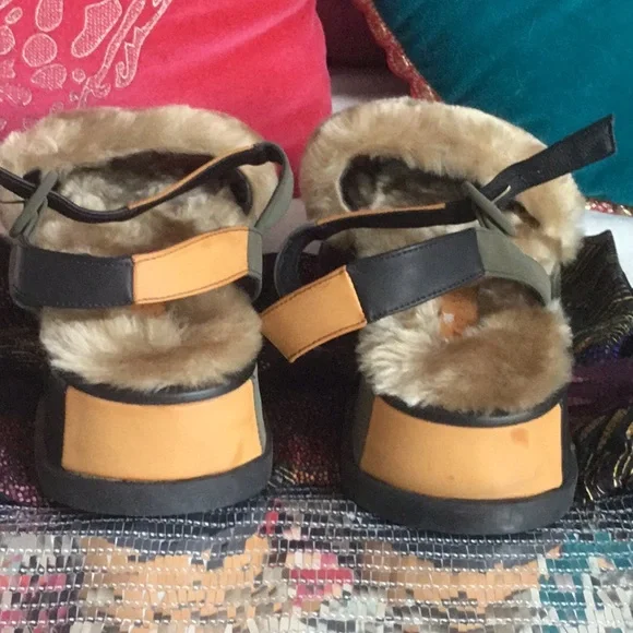 FARM Rio Faux Fur Platform Sandals - Black, Tan, and Gold - Picture 4 of 5